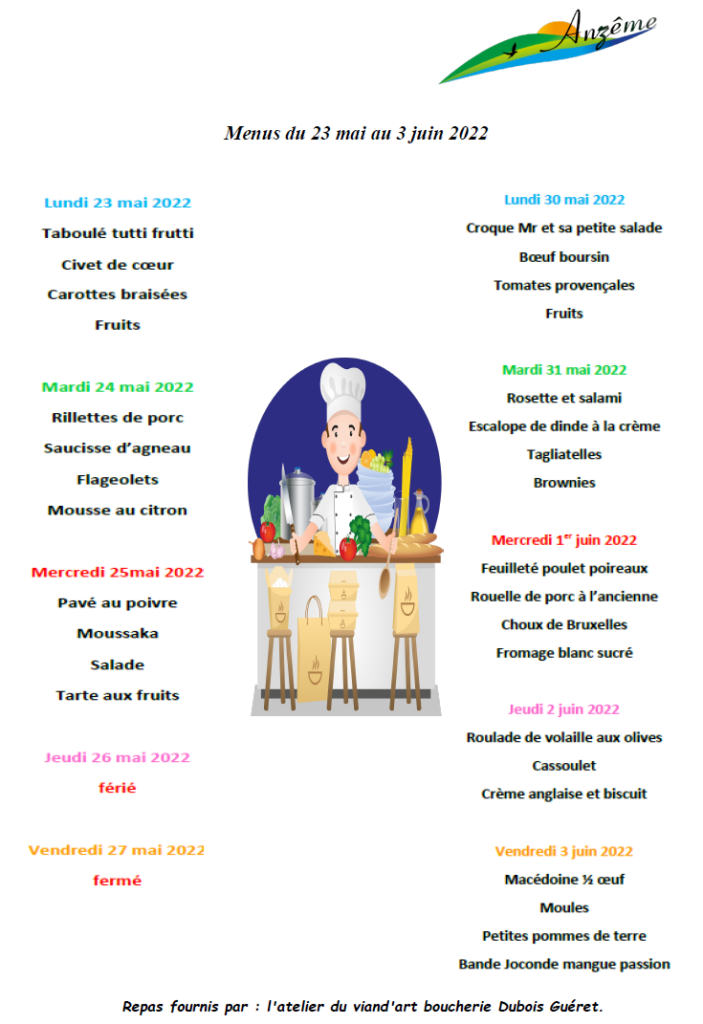 Menus du 23 mai au 3 juin 2022