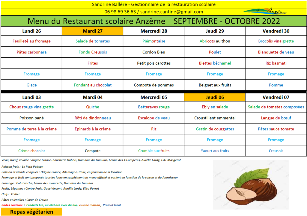 Menus du 26 septembre au 7 octobre 2022