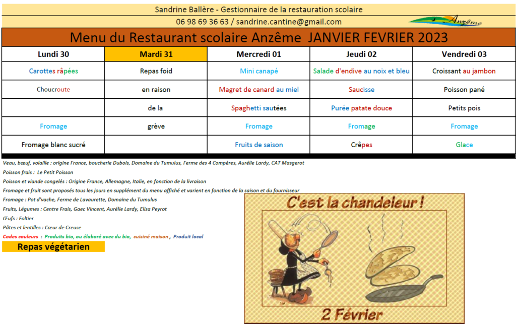 Menus du 30 janvier au 3 février 2023
