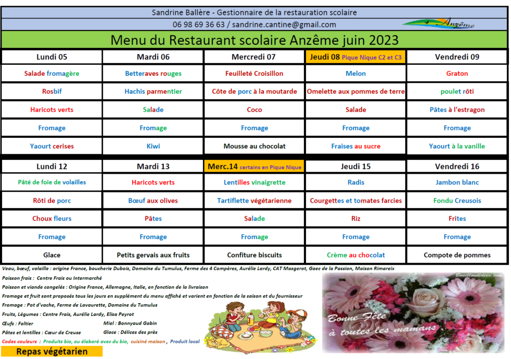 Menus du 05 au 16 juin 2023