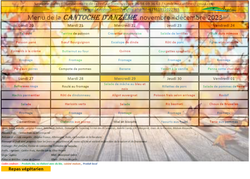 Menus du 20 au 01 decembre 2023