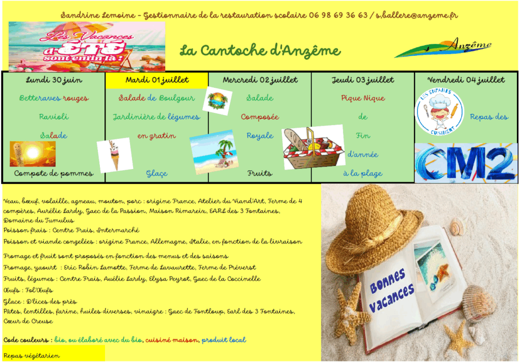 Menus 30 juin au 4 juillet 2025